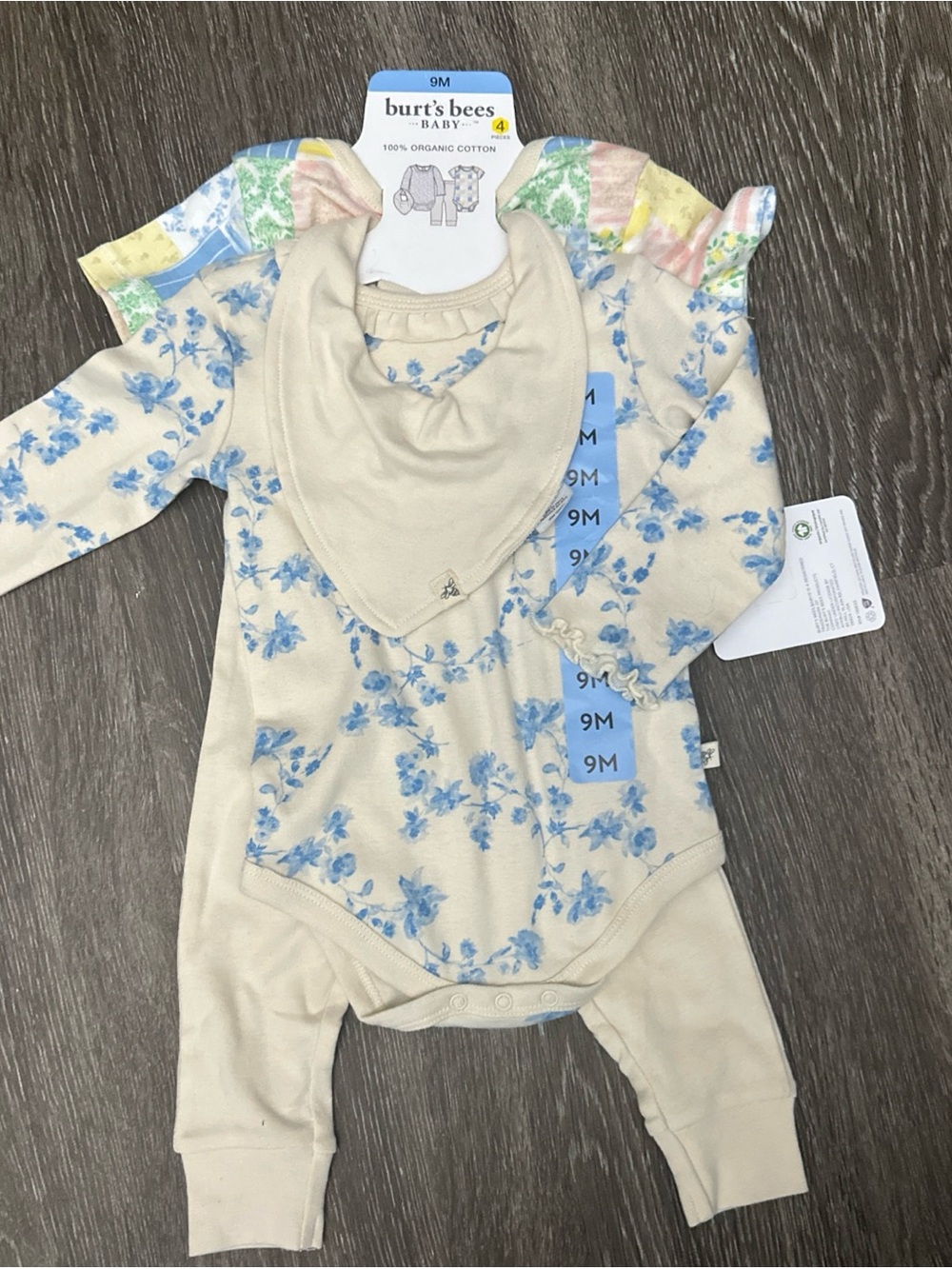 Burt's Bees Baby Cream Floral Bodysuit & Bib 4 pc Set 9M Organic Cotton